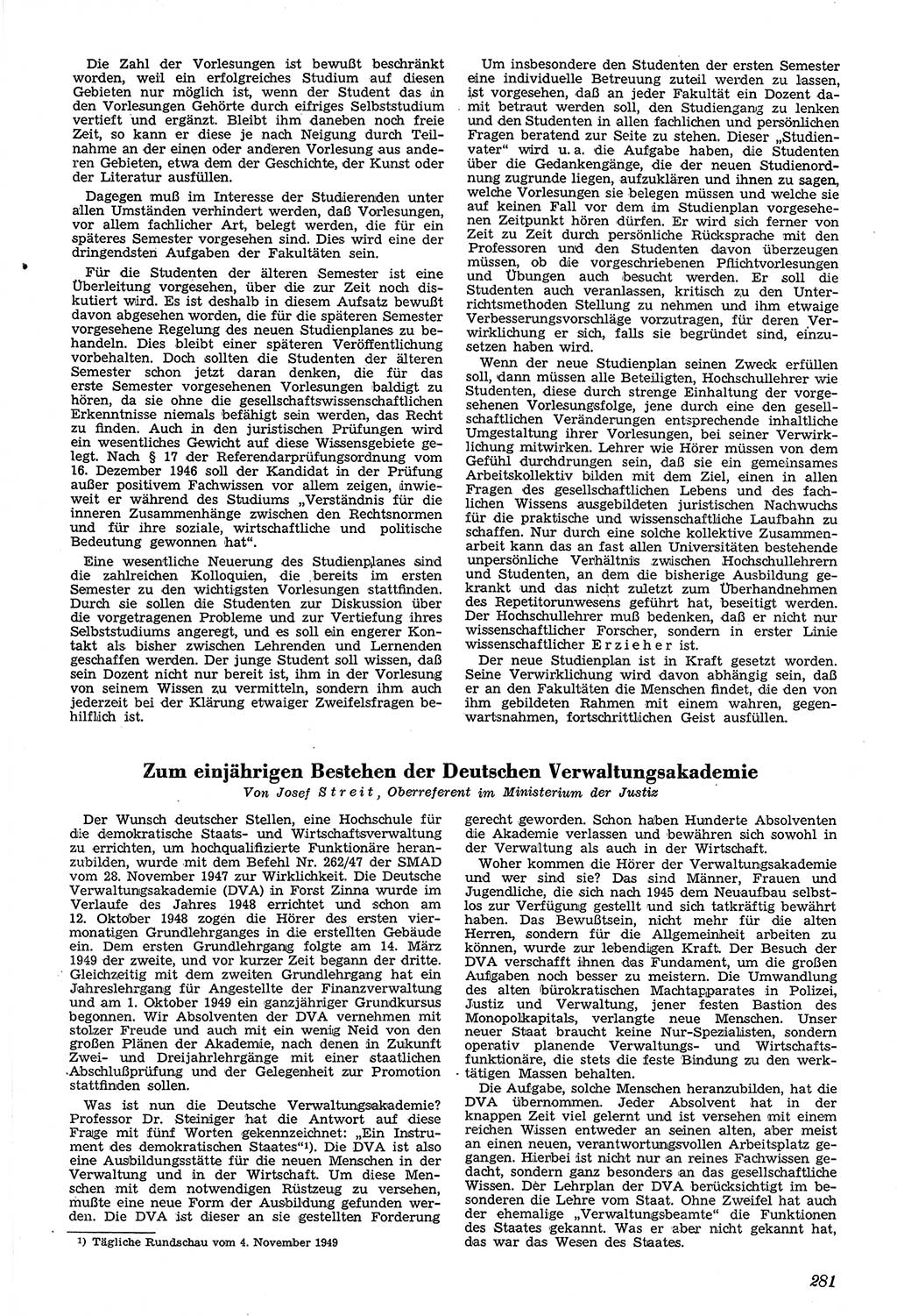 Neue Justiz (NJ), Zeitschrift für Recht und Rechtswissenschaft [Sowjetische Besatzungszone (SBZ) Deutschland, Deutsche Demokratische Republik (DDR)], 3. Jahrgang 1949, Seite 281 (NJ SBZ Dtl. DDR 1949, S. 281)