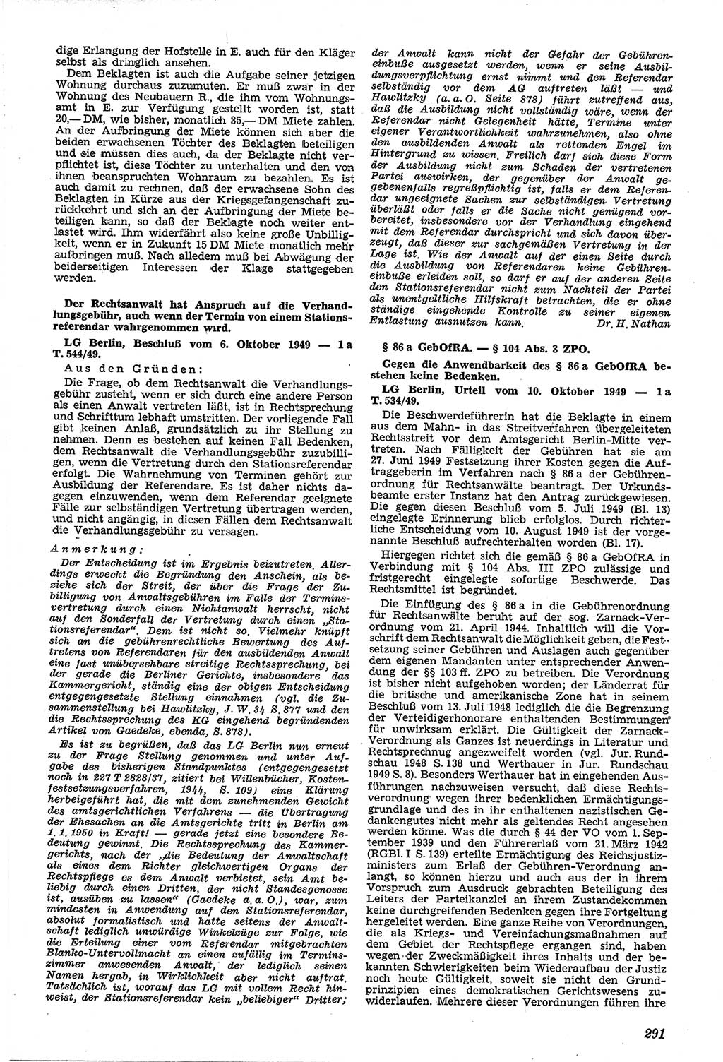 Neue Justiz (NJ), Zeitschrift für Recht und Rechtswissenschaft [Sowjetische Besatzungszone (SBZ) Deutschland, Deutsche Demokratische Republik (DDR)], 3. Jahrgang 1949, Seite 291 (NJ SBZ Dtl. DDR 1949, S. 291)