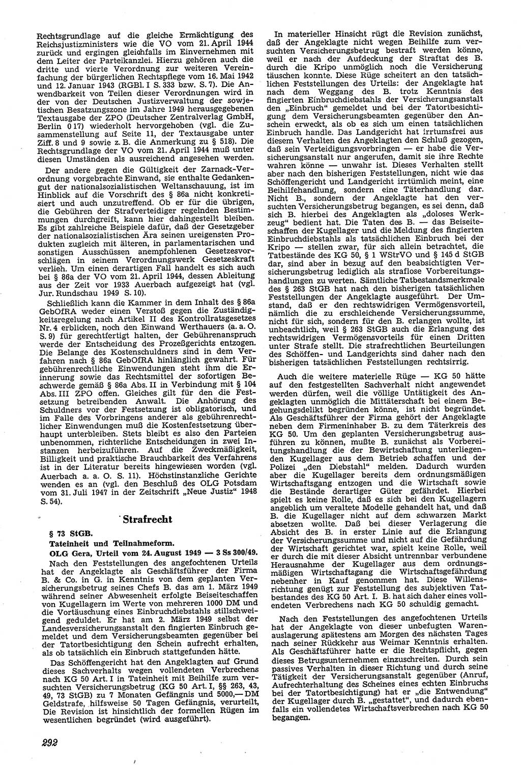 Neue Justiz (NJ), Zeitschrift für Recht und Rechtswissenschaft [Sowjetische Besatzungszone (SBZ) Deutschland, Deutsche Demokratische Republik (DDR)], 3. Jahrgang 1949, Seite 292 (NJ SBZ Dtl. DDR 1949, S. 292)