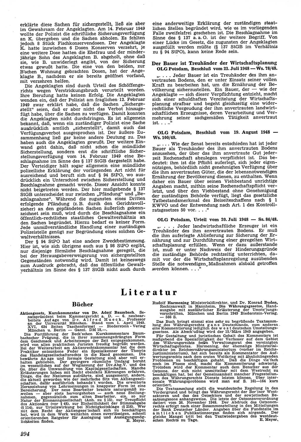 Neue Justiz (NJ), Zeitschrift für Recht und Rechtswissenschaft [Sowjetische Besatzungszone (SBZ) Deutschland, Deutsche Demokratische Republik (DDR)], 3. Jahrgang 1949, Seite 294 (NJ SBZ Dtl. DDR 1949, S. 294)