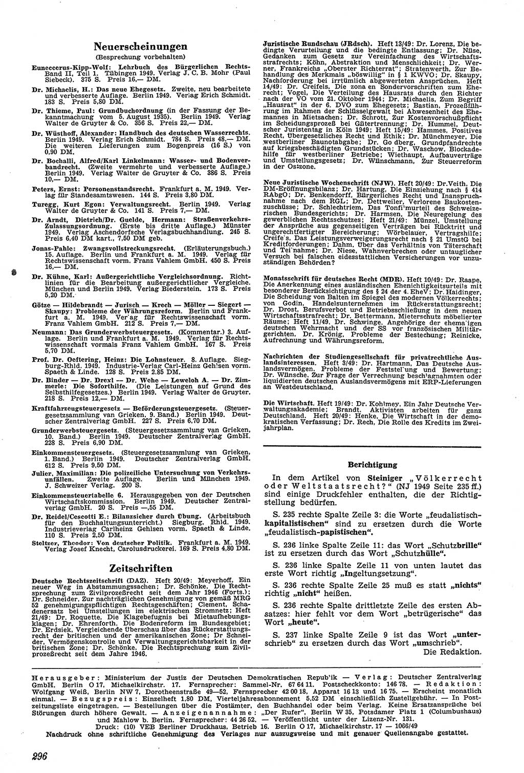 Neue Justiz (NJ), Zeitschrift für Recht und Rechtswissenschaft [Sowjetische Besatzungszone (SBZ) Deutschland, Deutsche Demokratische Republik (DDR)], 3. Jahrgang 1949, Seite 296 (NJ SBZ Dtl. DDR 1949, S. 296)