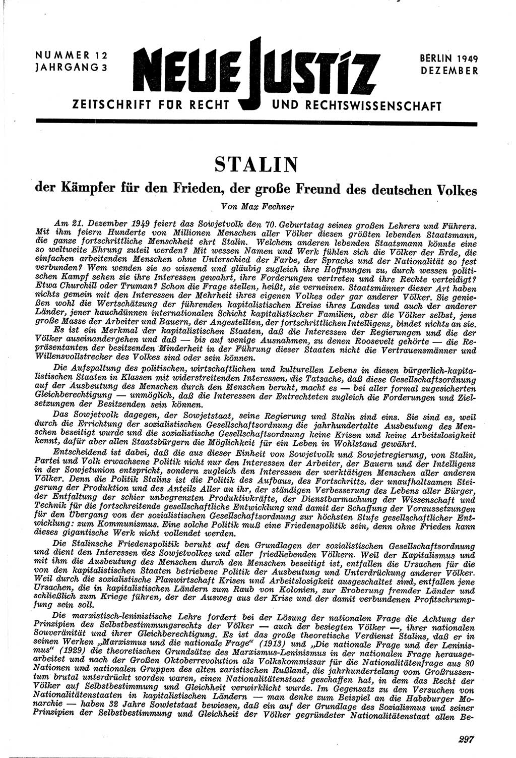 Neue Justiz (NJ), Zeitschrift für Recht und Rechtswissenschaft [Sowjetische Besatzungszone (SBZ) Deutschland, Deutsche Demokratische Republik (DDR)], 3. Jahrgang 1949, Seite 297 (NJ SBZ Dtl. DDR 1949, S. 297)