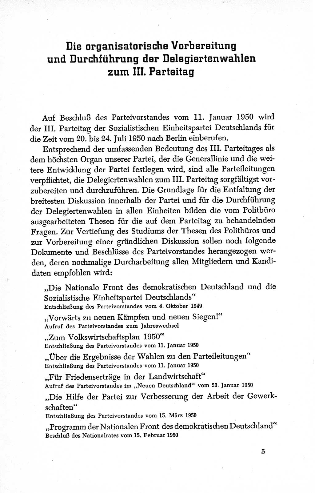 Dokumente der Sozialistischen Einheitspartei Deutschlands (SED) [Deutsche Demokratische Republik (DDR)] 1950-1952, Seite 5 (Dok. SED DDR 1950-1952, S. 5)