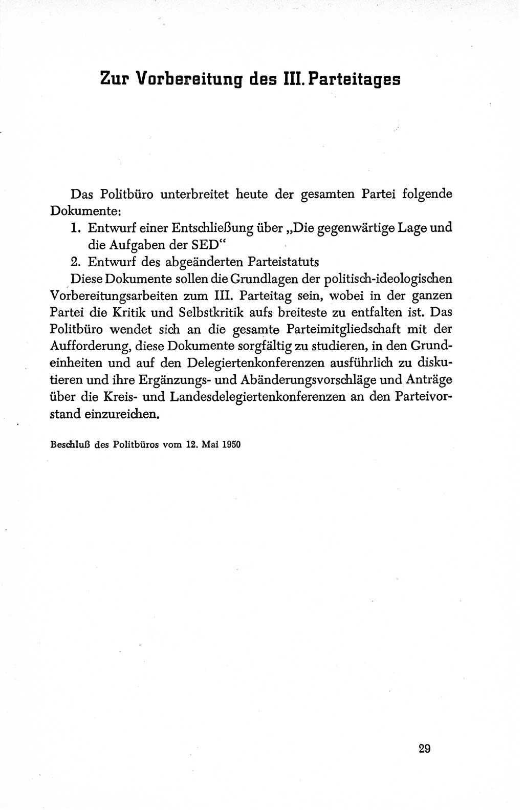 Dokumente der Sozialistischen Einheitspartei Deutschlands (SED) [Deutsche Demokratische Republik (DDR)] 1950-1952, Seite 29 (Dok. SED DDR 1950-1952, S. 29)