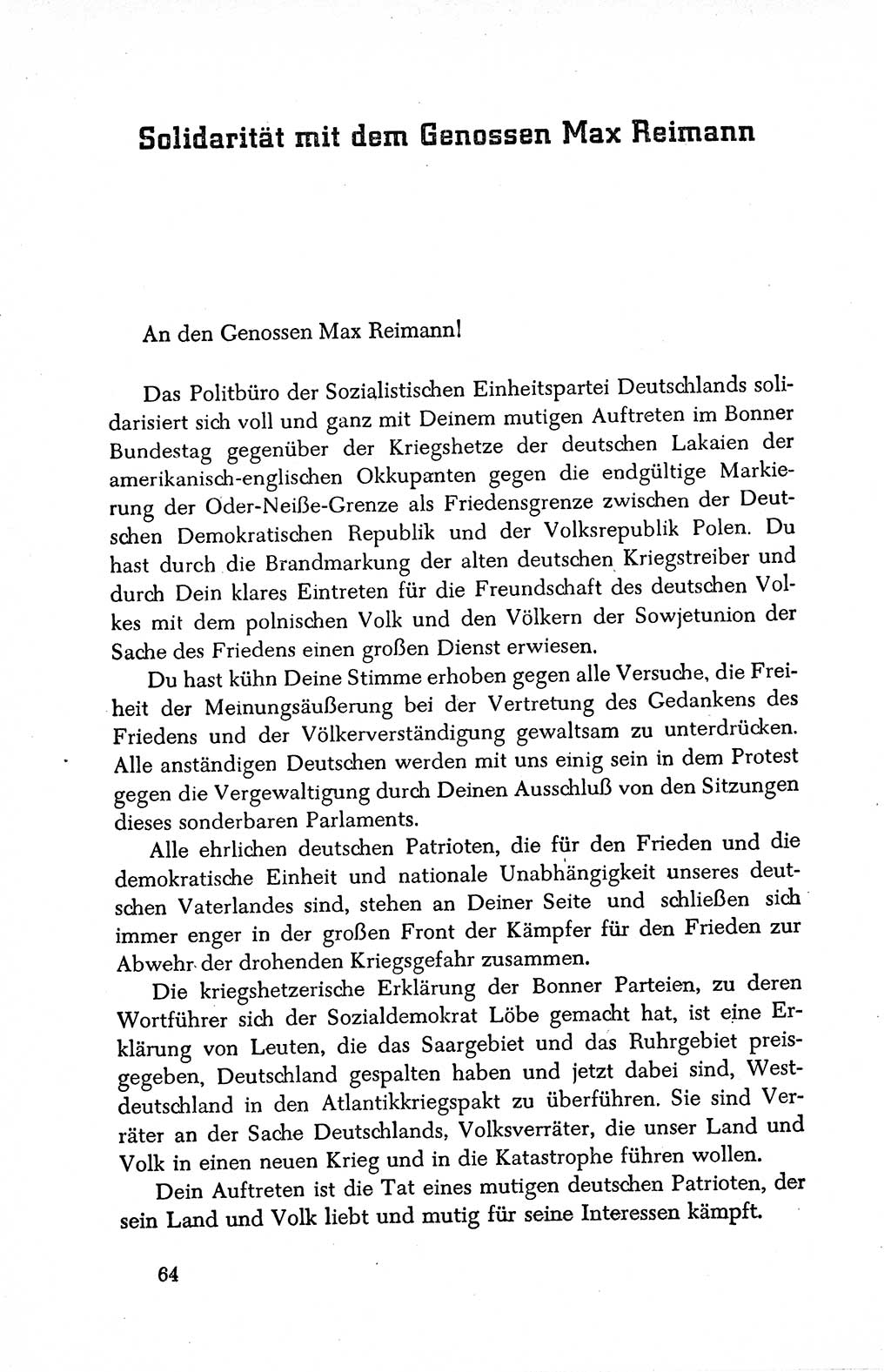 Dokumente der Sozialistischen Einheitspartei Deutschlands (SED) [Deutsche Demokratische Republik (DDR)] 1950-1952, Seite 64 (Dok. SED DDR 1950-1952, S. 64)