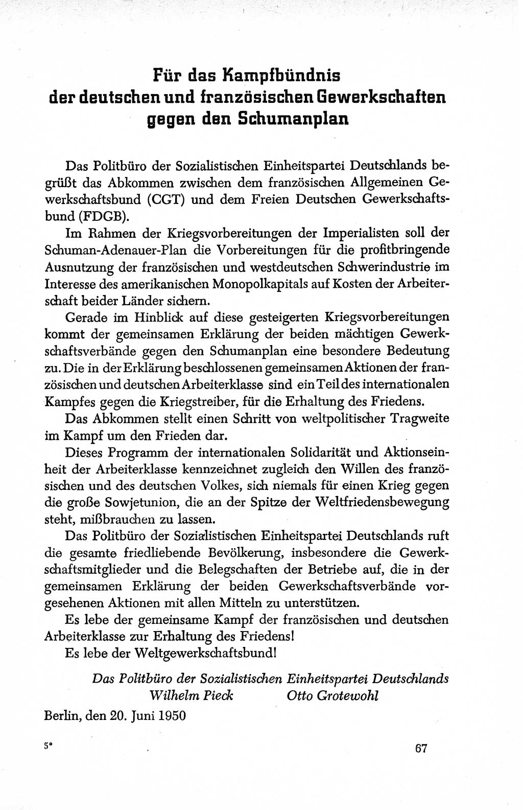 Dokumente der Sozialistischen Einheitspartei Deutschlands (SED) [Deutsche Demokratische Republik (DDR)] 1950-1952, Seite 67 (Dok. SED DDR 1950-1952, S. 67)