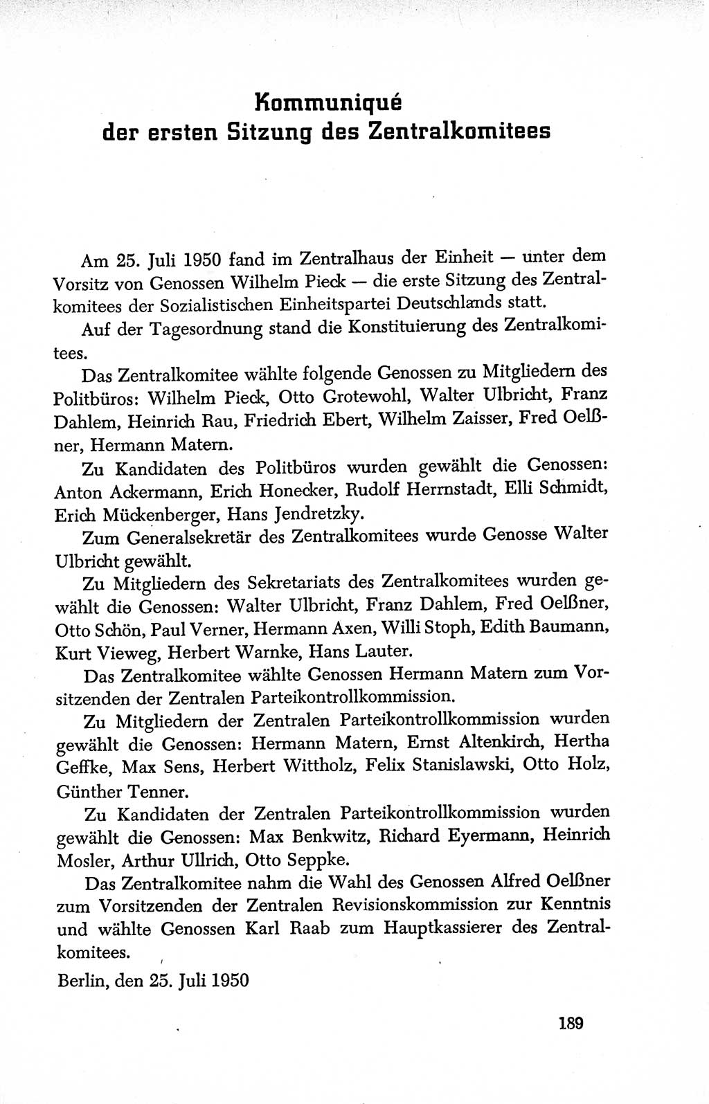 Dokumente der Sozialistischen Einheitspartei Deutschlands (SED) [Deutsche Demokratische Republik (DDR)] 1950-1952, Seite 189 (Dok. SED DDR 1950-1952, S. 189)