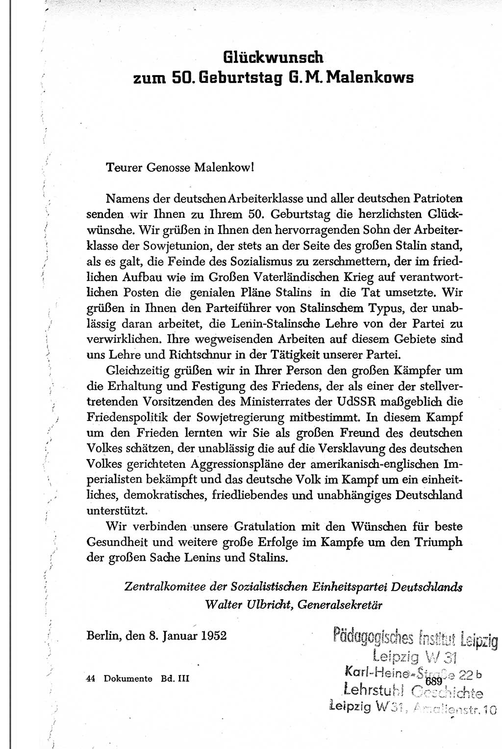 Dokumente der Sozialistischen Einheitspartei Deutschlands (SED) [Deutsche Demokratische Republik (DDR)] 1950-1952, Seite 689 (Dok. SED DDR 1950-1952, S. 689)