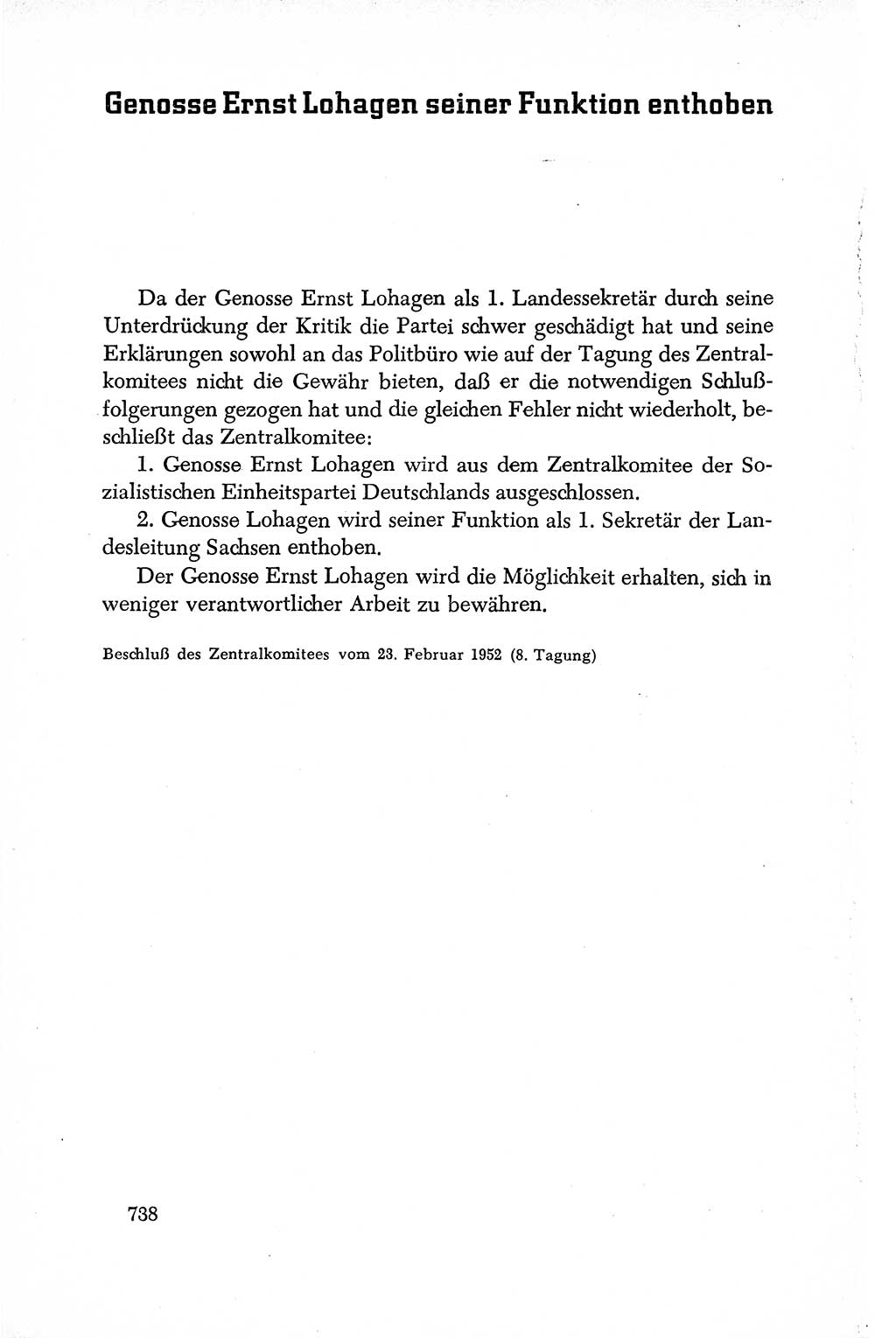 Dokumente der Sozialistischen Einheitspartei Deutschlands (SED) [Deutsche Demokratische Republik (DDR)] 1950-1952, Seite 738 (Dok. SED DDR 1950-1952, S. 738)