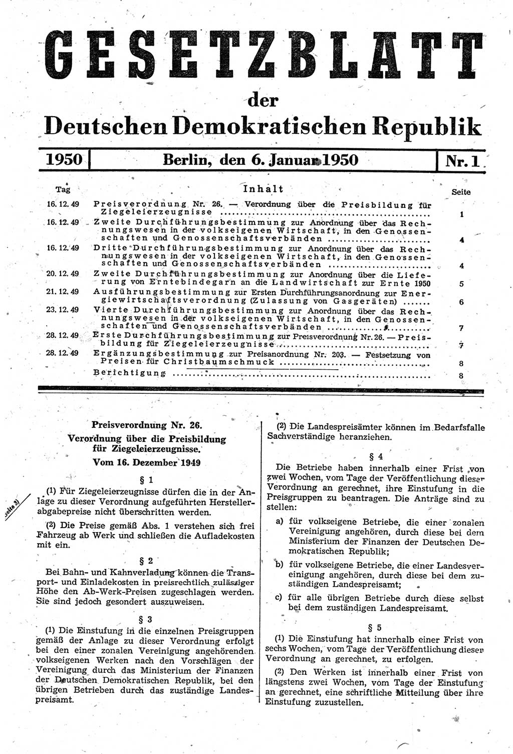 Gesetzblatt (GBl.) der Deutschen Demokratischen Republik (DDR) 1950, Seite 1 (GBl. DDR 1950, S. 1)