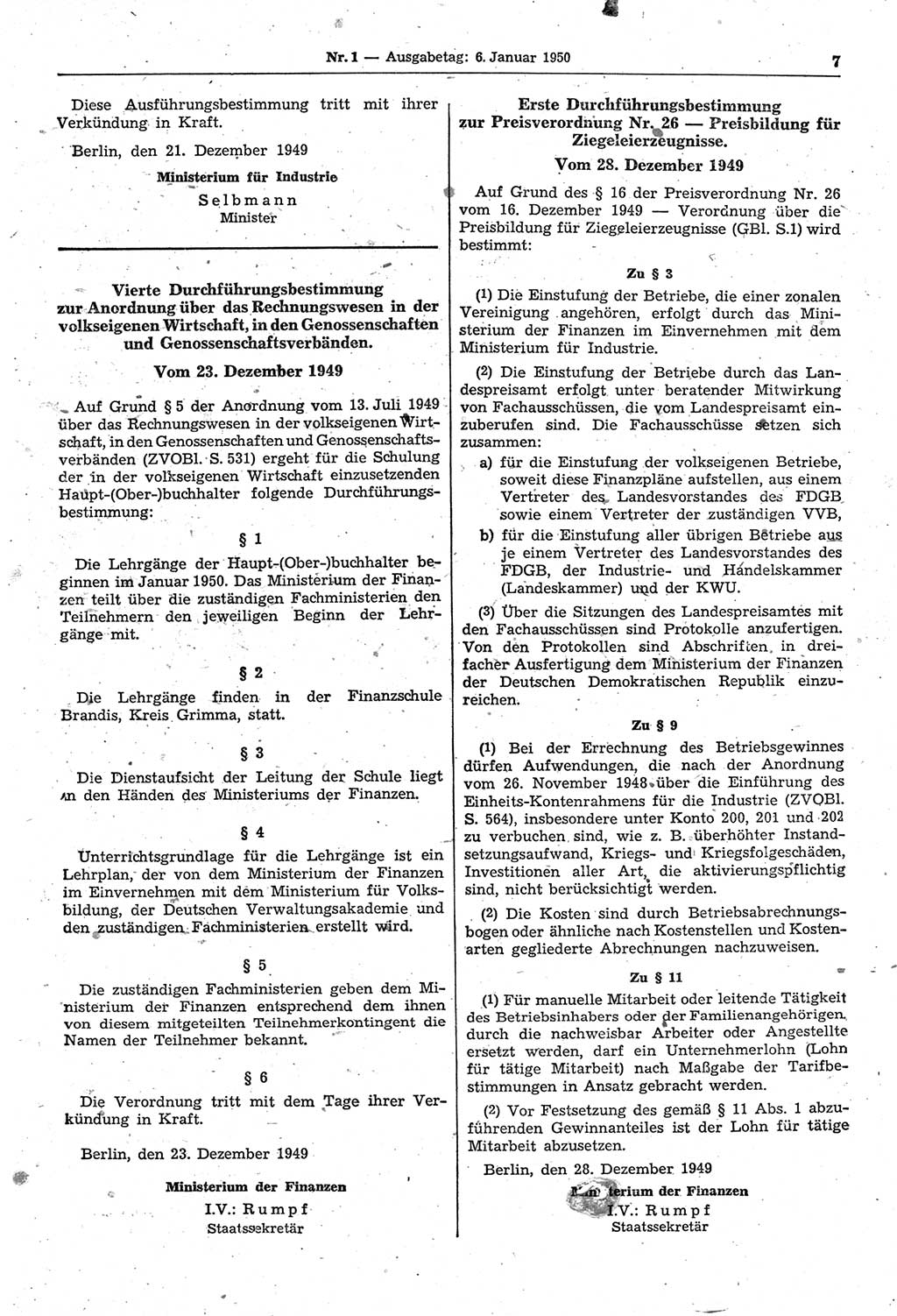 Gesetzblatt (GBl.) der Deutschen Demokratischen Republik (DDR) 1950, Seite 7 (GBl. DDR 1950, S. 7)