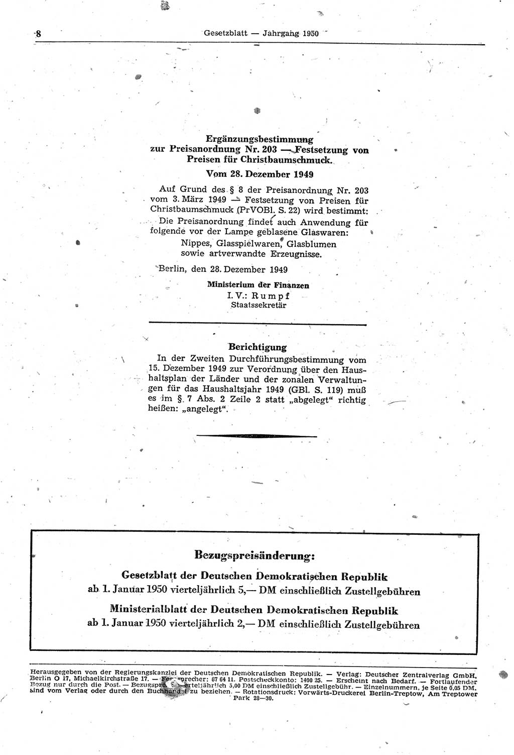 Gesetzblatt (GBl.) der Deutschen Demokratischen Republik (DDR) 1950, Seite 8 (GBl. DDR 1950, S. 8)