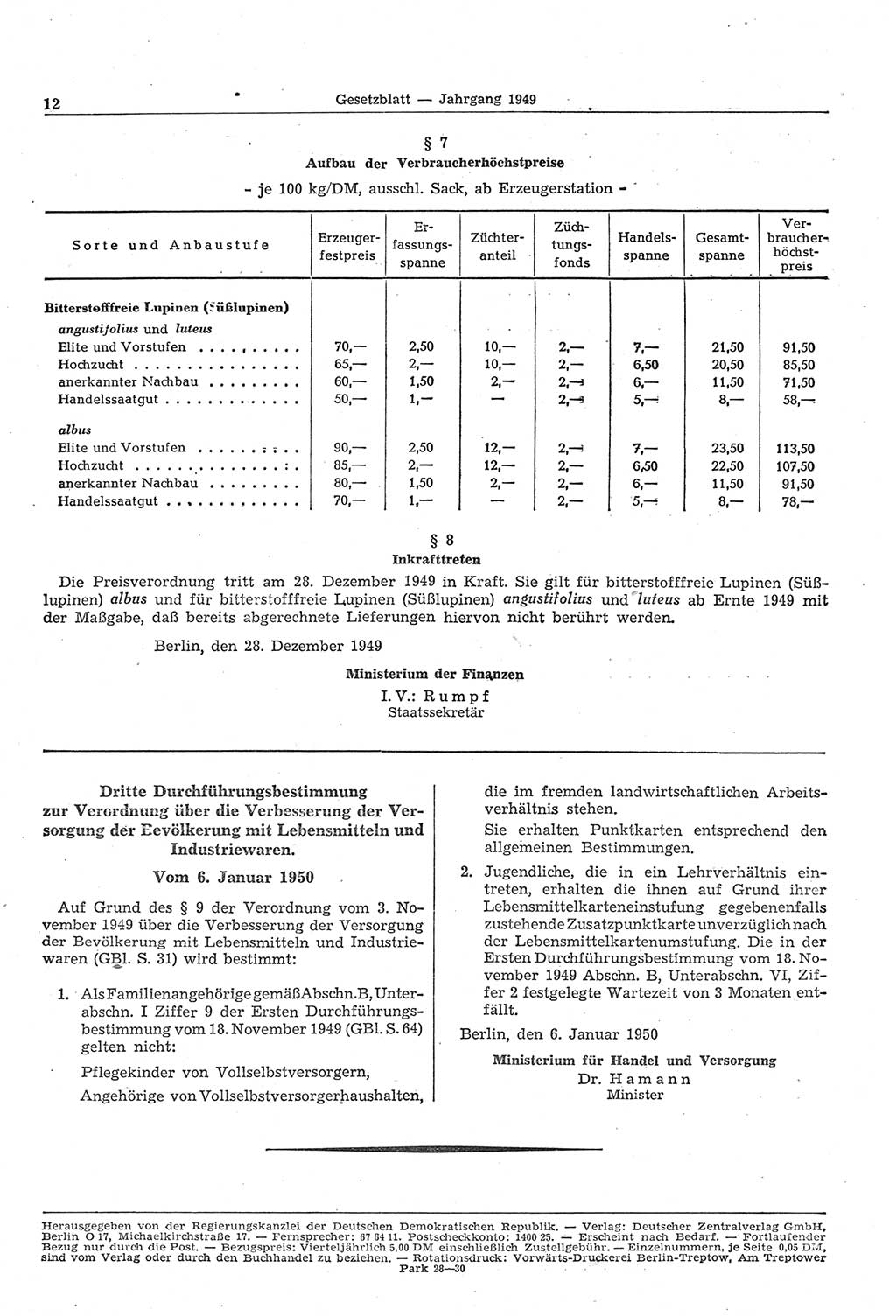 Gesetzblatt (GBl.) der Deutschen Demokratischen Republik (DDR) 1950, Seite 12 (GBl. DDR 1950, S. 12)