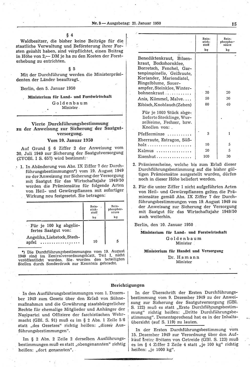 Gesetzblatt (GBl.) der Deutschen Demokratischen Republik (DDR) 1950, Seite 15 (GBl. DDR 1950, S. 15)