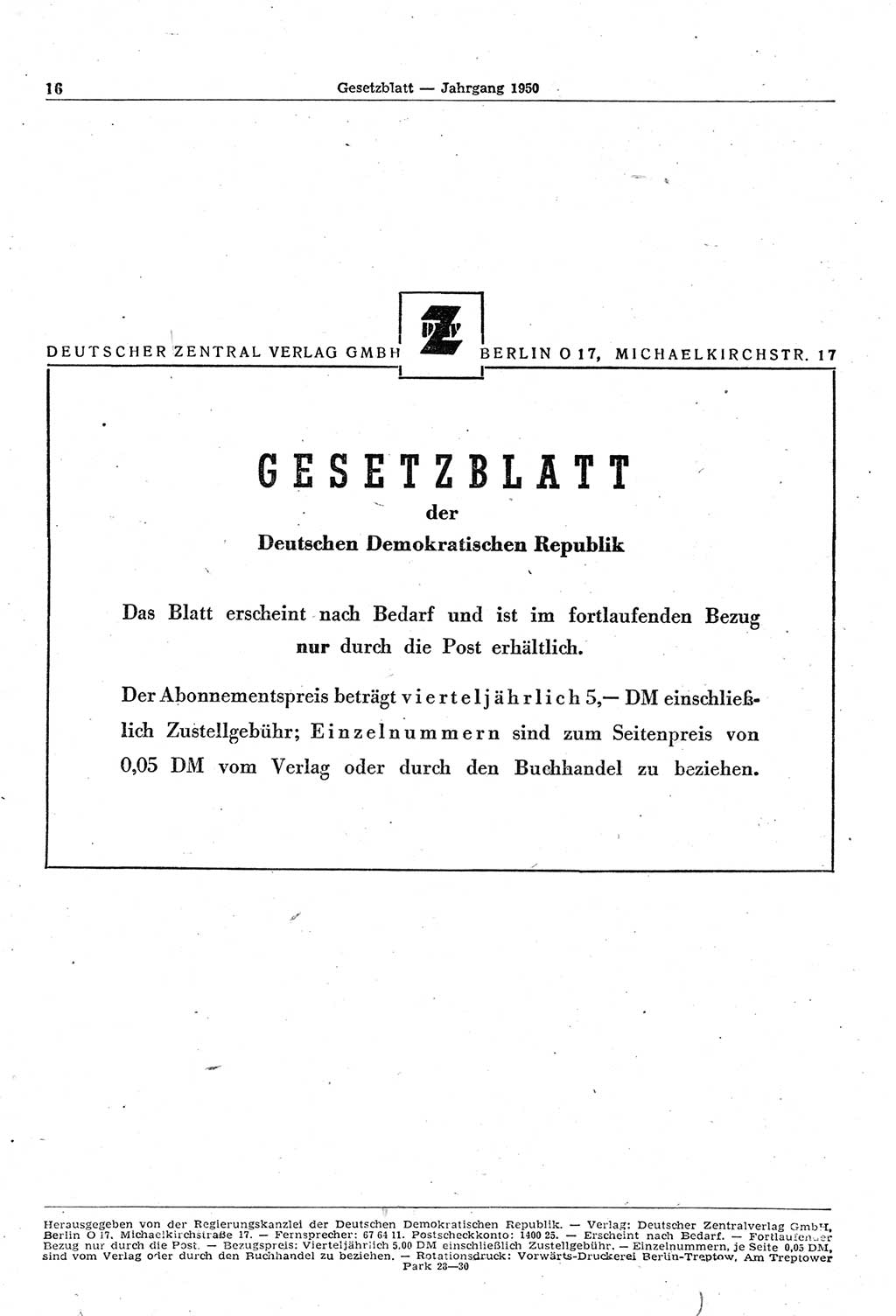 Gesetzblatt (GBl.) der Deutschen Demokratischen Republik (DDR) 1950, Seite 16 (GBl. DDR 1950, S. 16)