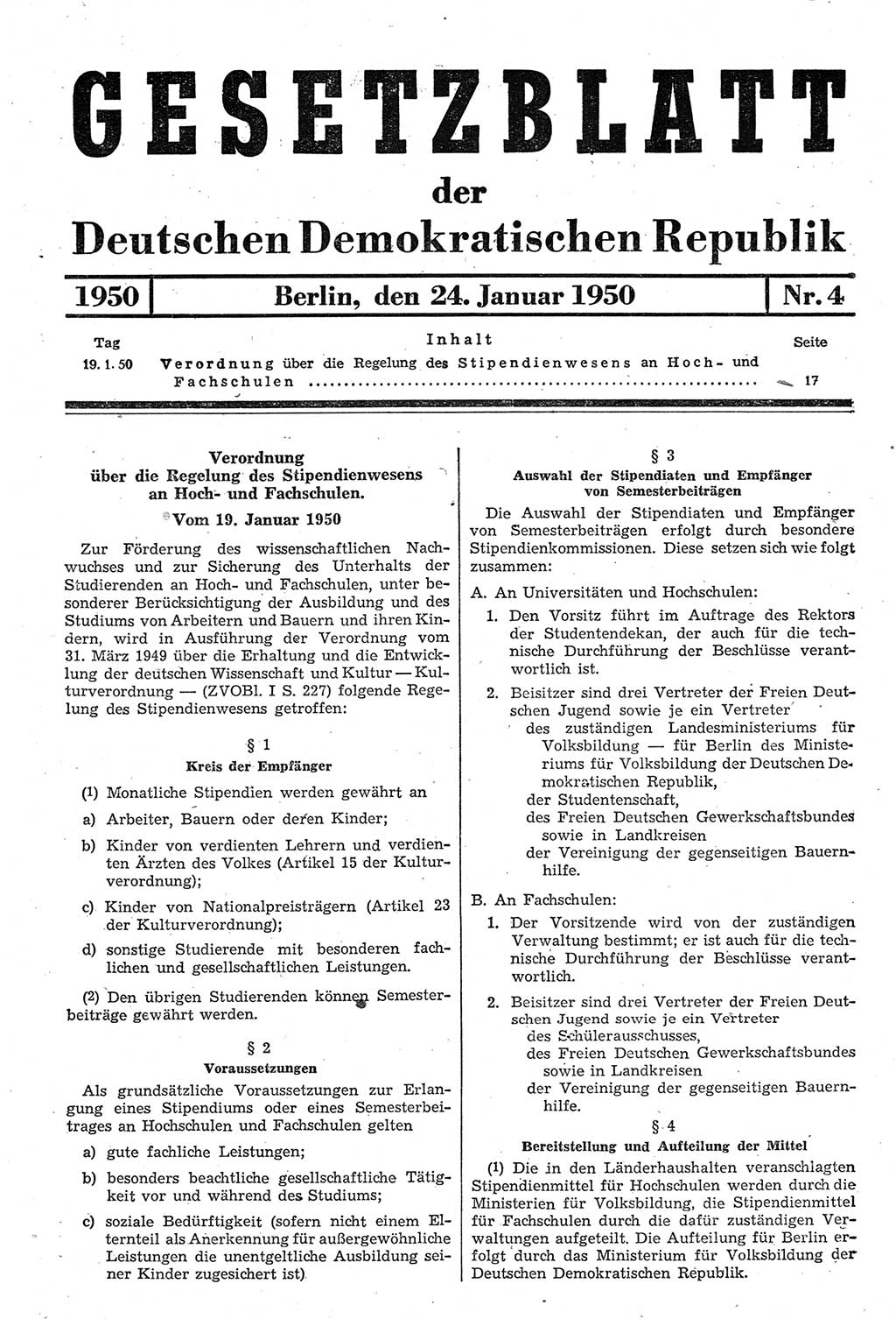 Gesetzblatt (GBl.) der Deutschen Demokratischen Republik (DDR) 1950, Seite 17 (GBl. DDR 1950, S. 17)