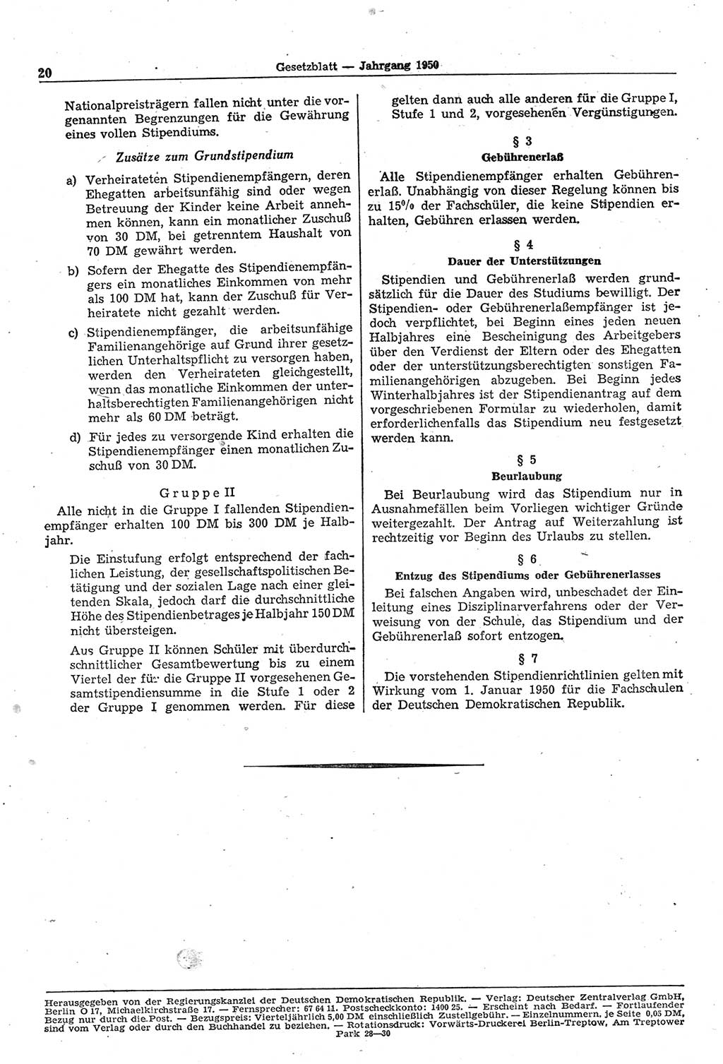 Gesetzblatt (GBl.) der Deutschen Demokratischen Republik (DDR) 1950, Seite 20 (GBl. DDR 1950, S. 20)