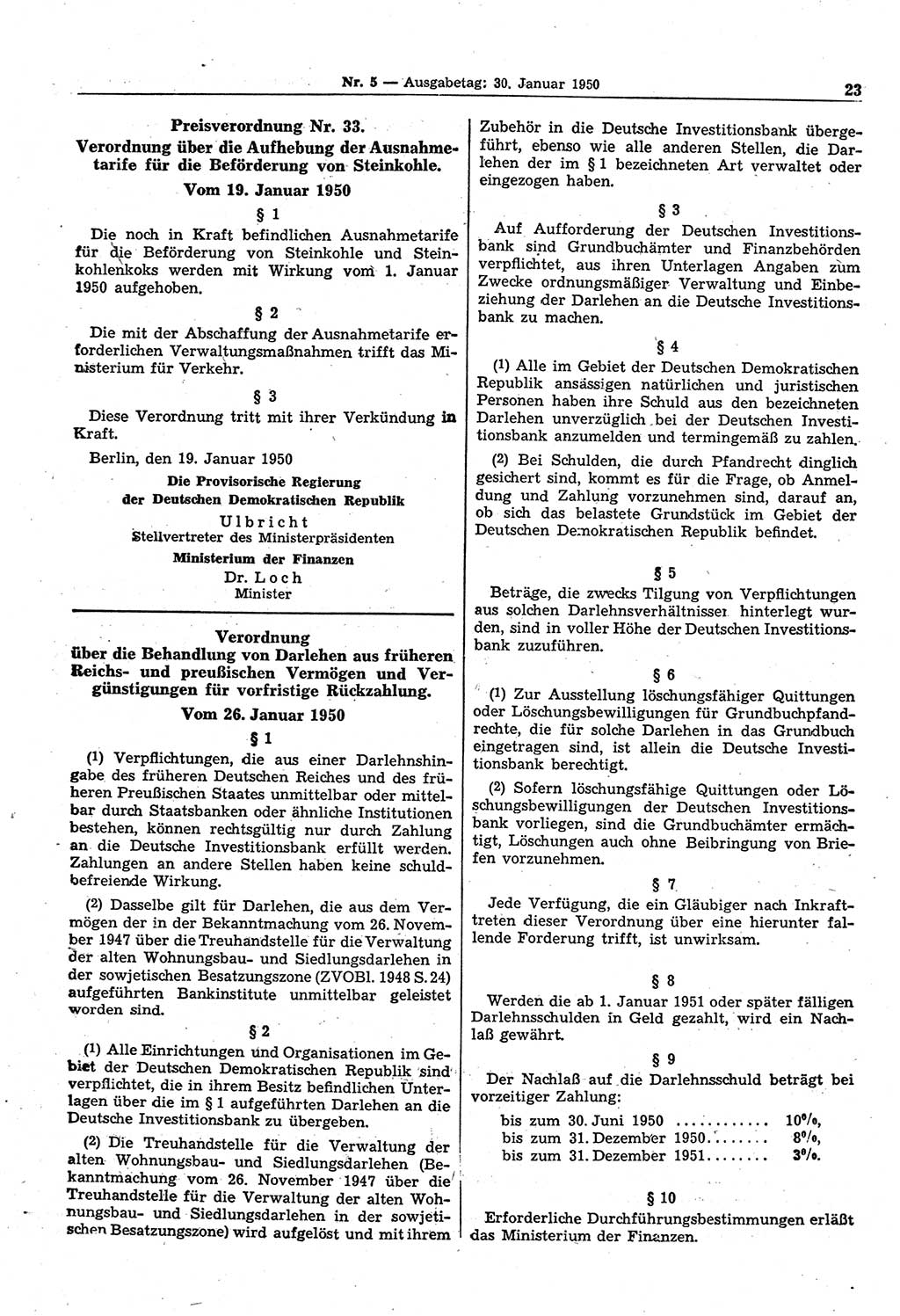 Gesetzblatt (GBl.) der Deutschen Demokratischen Republik (DDR) 1950, Seite 23 (GBl. DDR 1950, S. 23)