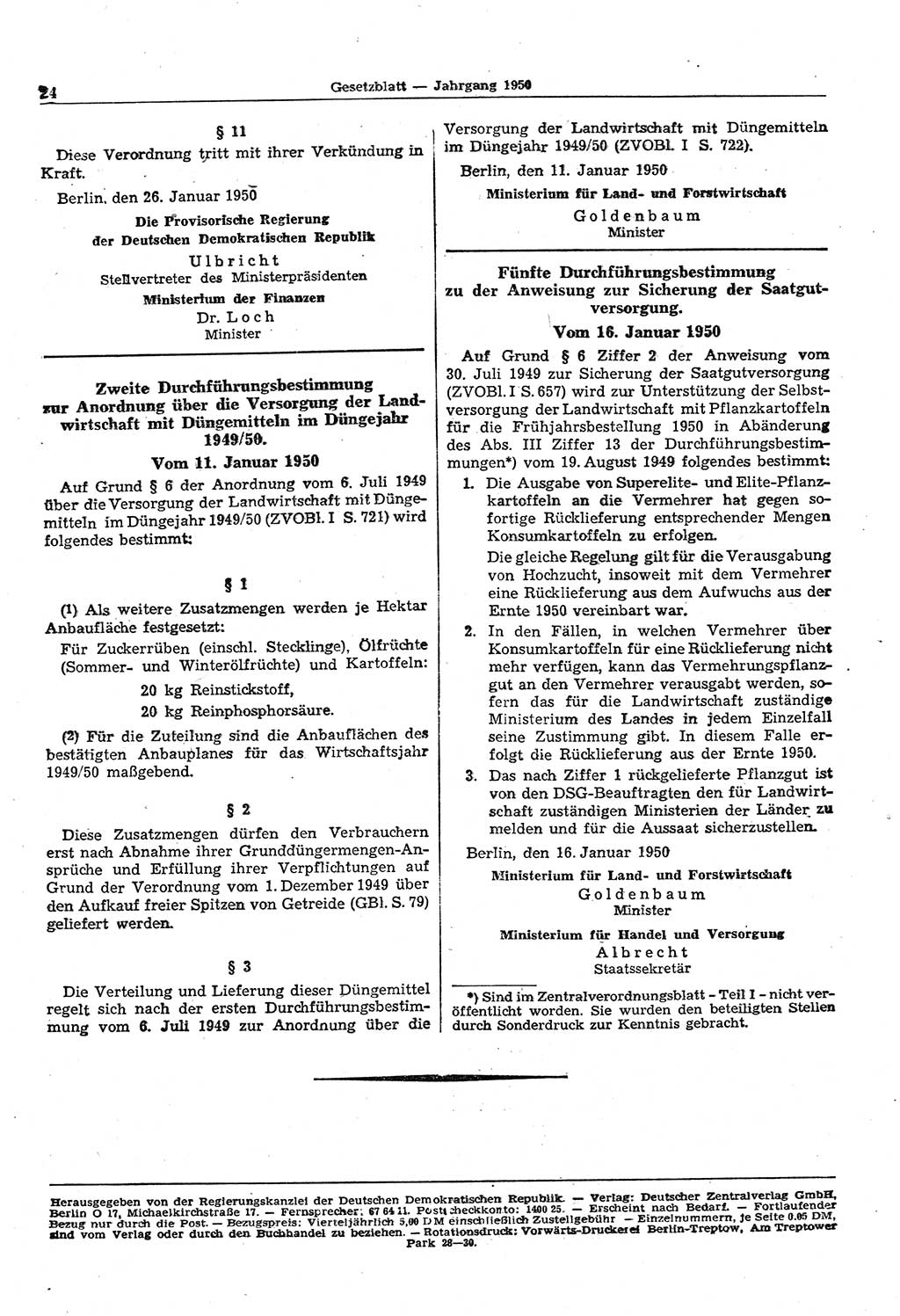 Gesetzblatt (GBl.) der Deutschen Demokratischen Republik (DDR) 1950, Seite 24 (GBl. DDR 1950, S. 24)