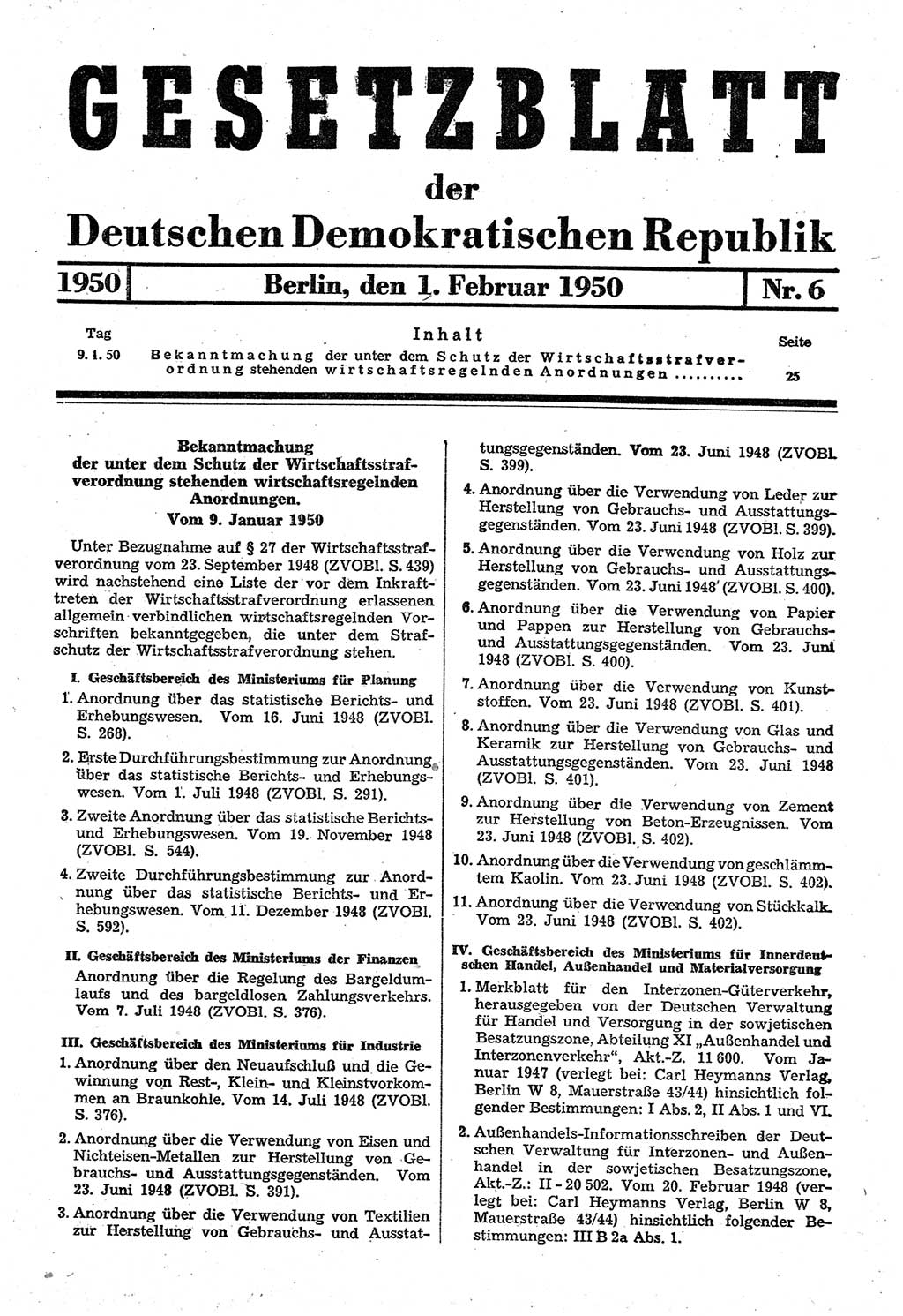 Gesetzblatt (GBl.) der Deutschen Demokratischen Republik (DDR) 1950, Seite 25 (GBl. DDR 1950, S. 25)