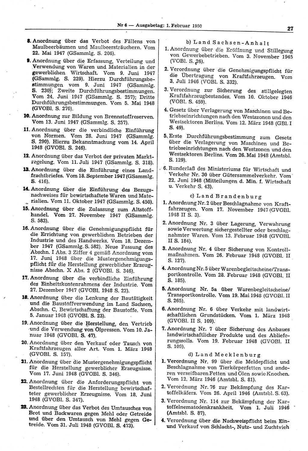 Gesetzblatt (GBl.) der Deutschen Demokratischen Republik (DDR) 1950, Seite 27 (GBl. DDR 1950, S. 27)