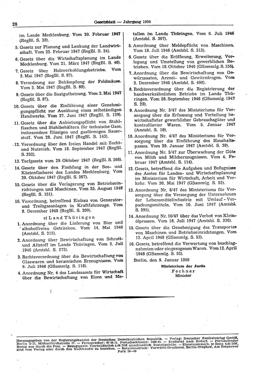Gesetzblatt (GBl.) der Deutschen Demokratischen Republik (DDR) 1950, Seite 28 (GBl. DDR 1950, S. 28)