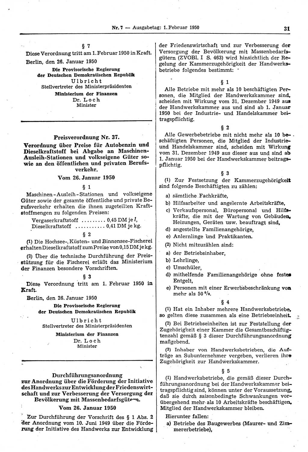 Gesetzblatt (GBl.) der Deutschen Demokratischen Republik (DDR) 1950, Seite 31 (GBl. DDR 1950, S. 31)