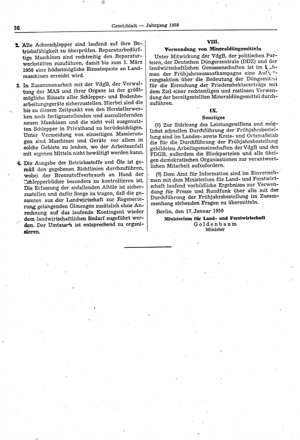 Gesetzblatt (GBl.) der Deutschen Demokratischen Republik (DDR) 1950, Seite 36 (GBl. DDR 1950, S. 36)