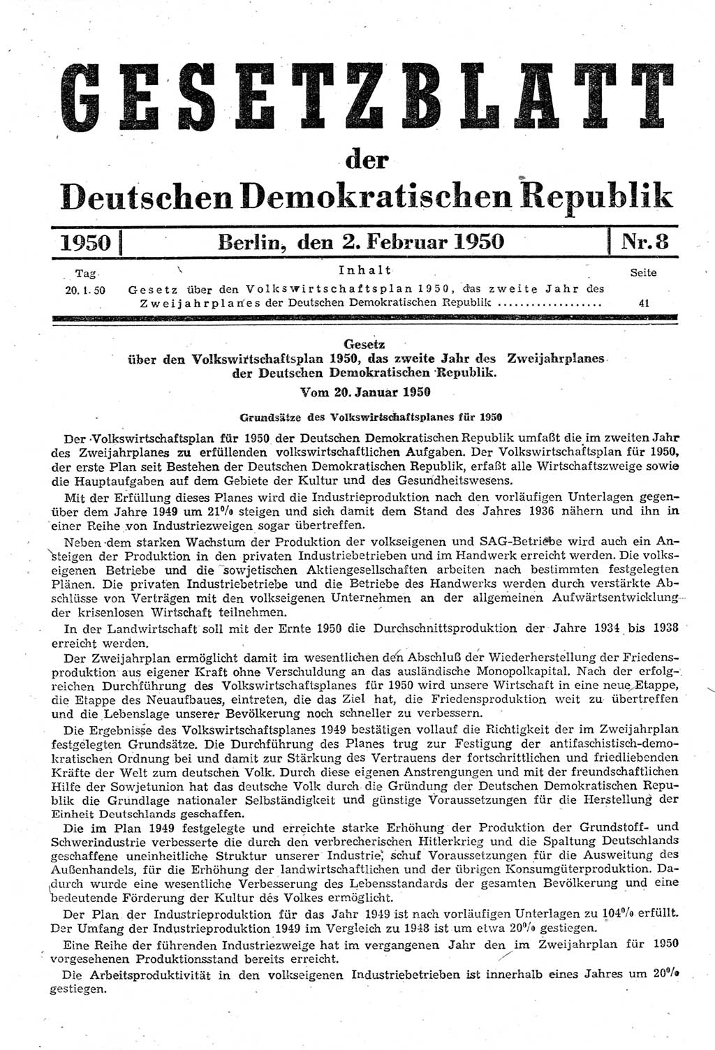 Gesetzblatt (GBl.) der Deutschen Demokratischen Republik (DDR) 1950, Seite 41 (GBl. DDR 1950, S. 41)