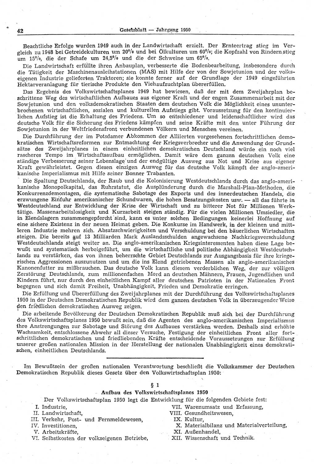 Gesetzblatt (GBl.) der Deutschen Demokratischen Republik (DDR) 1950, Seite 42 (GBl. DDR 1950, S. 42)