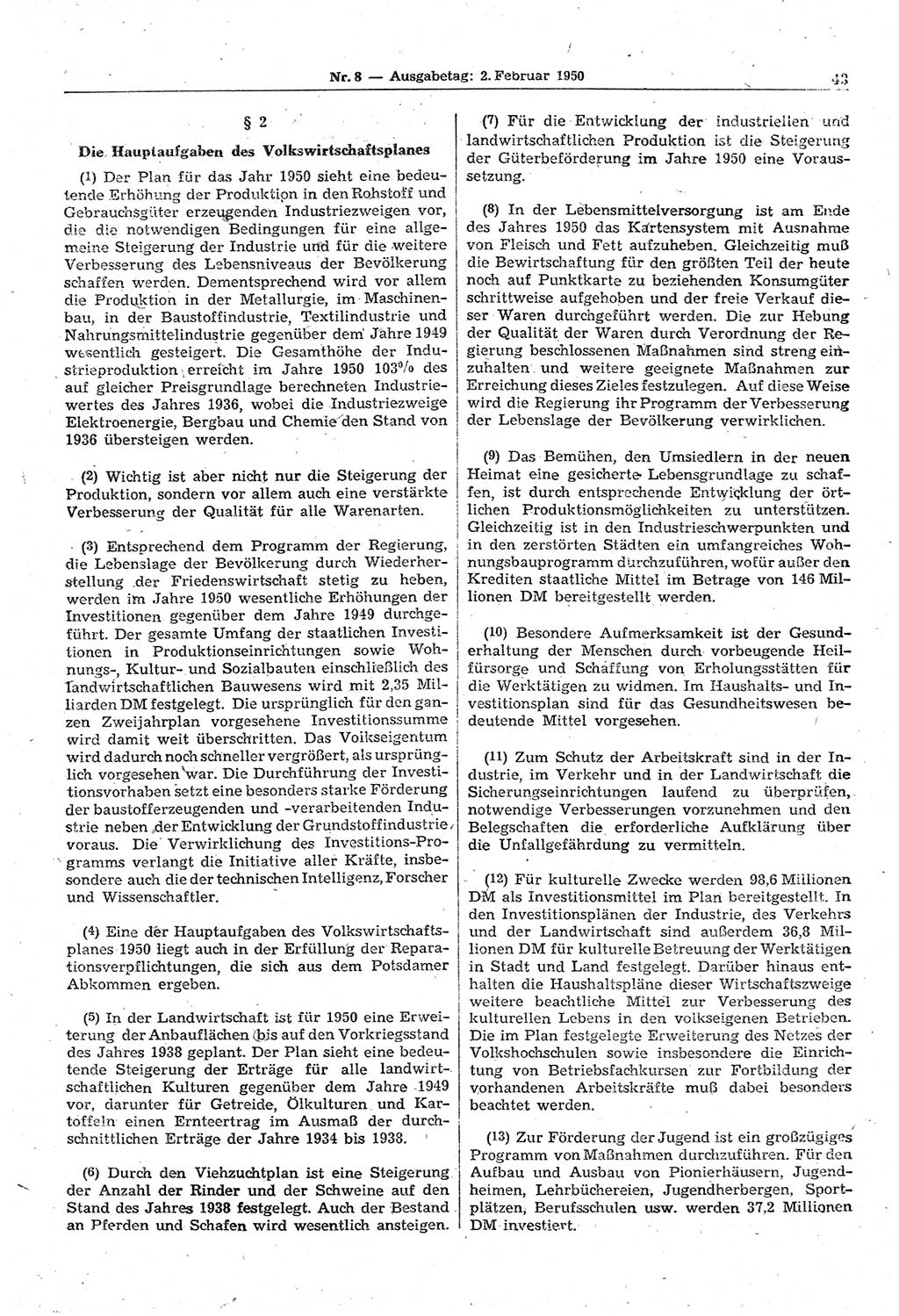 Gesetzblatt (GBl.) der Deutschen Demokratischen Republik (DDR) 1950, Seite 43 (GBl. DDR 1950, S. 43)
