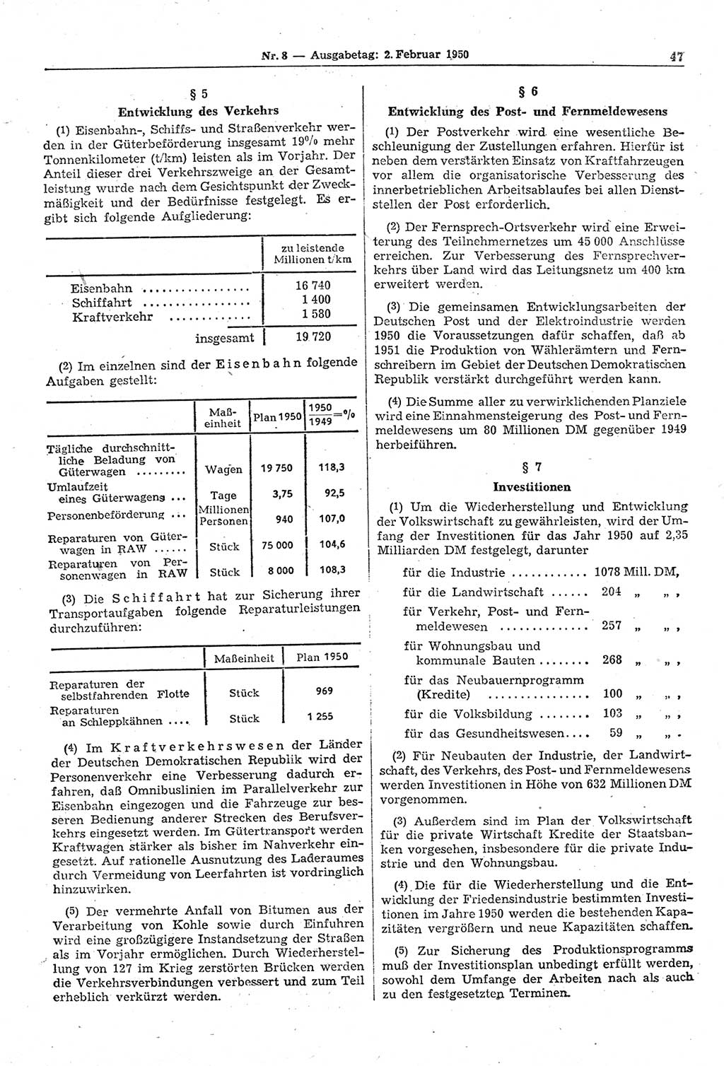 Gesetzblatt (GBl.) der Deutschen Demokratischen Republik (DDR) 1950, Seite 47 (GBl. DDR 1950, S. 47)