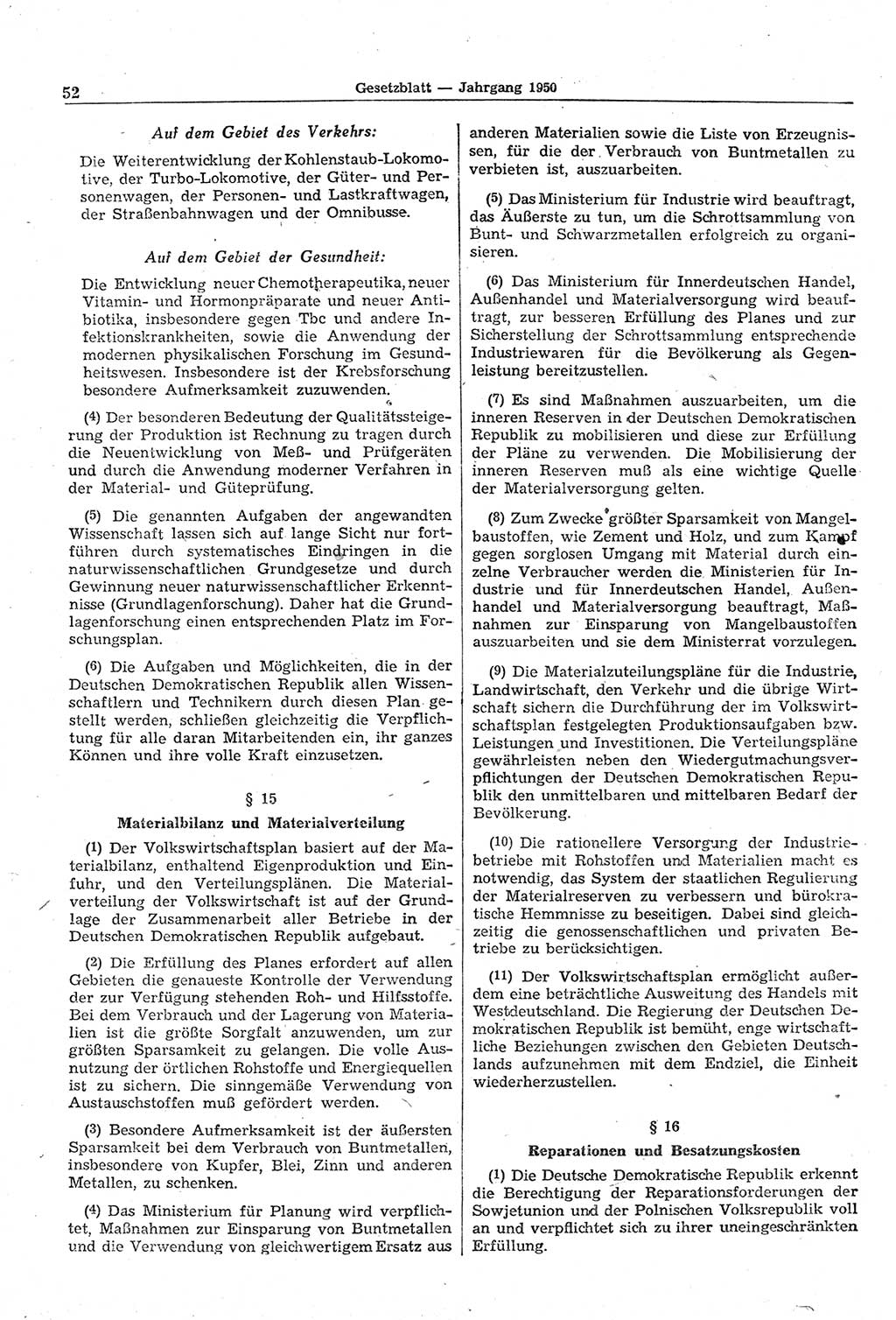 Gesetzblatt (GBl.) der Deutschen Demokratischen Republik (DDR) 1950, Seite 52 (GBl. DDR 1950, S. 52)