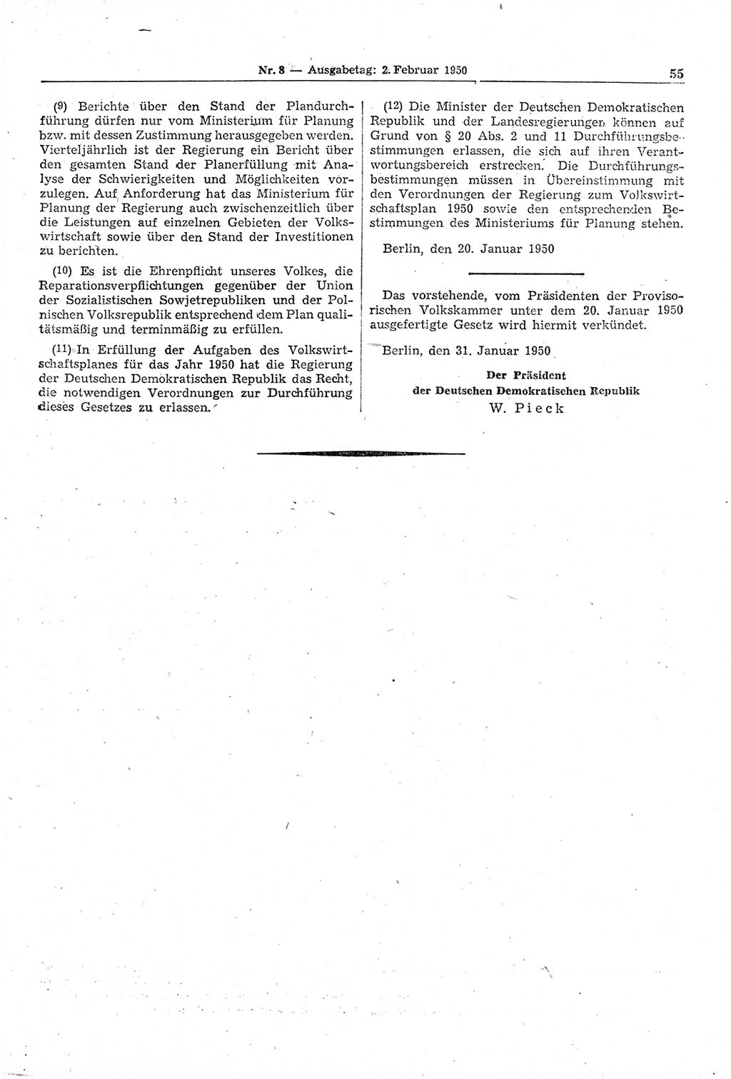 Gesetzblatt (GBl.) der Deutschen Demokratischen Republik (DDR) 1950, Seite 55 (GBl. DDR 1950, S. 55)