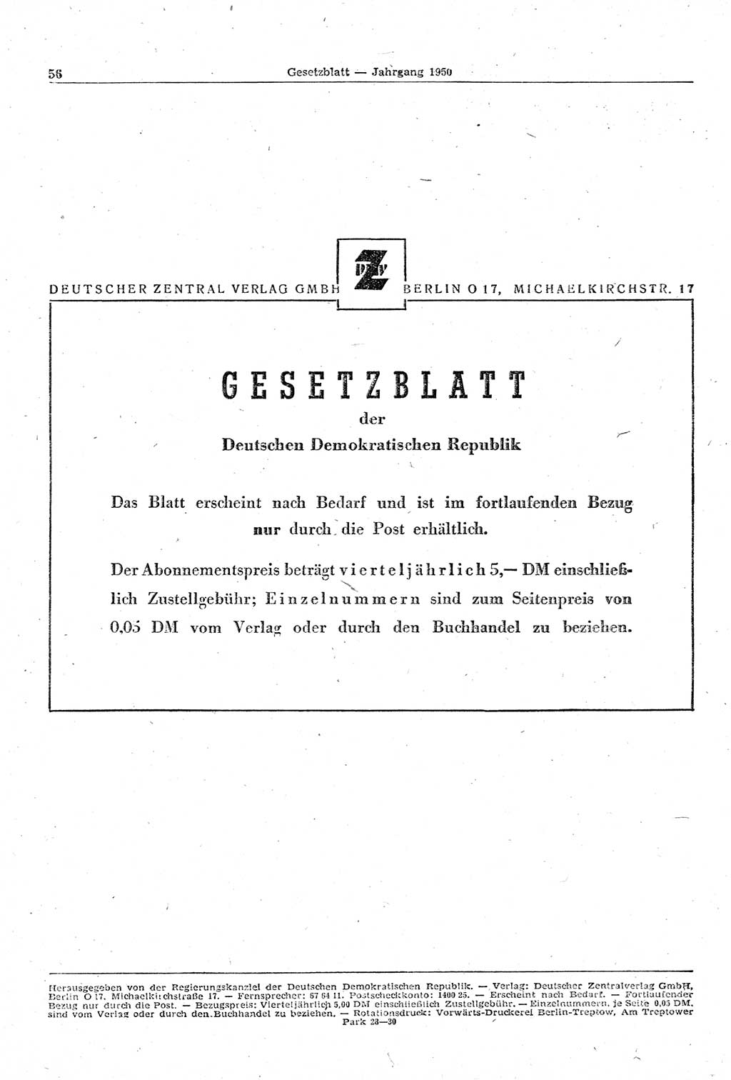 Gesetzblatt (GBl.) der Deutschen Demokratischen Republik (DDR) 1950, Seite 56 (GBl. DDR 1950, S. 56)