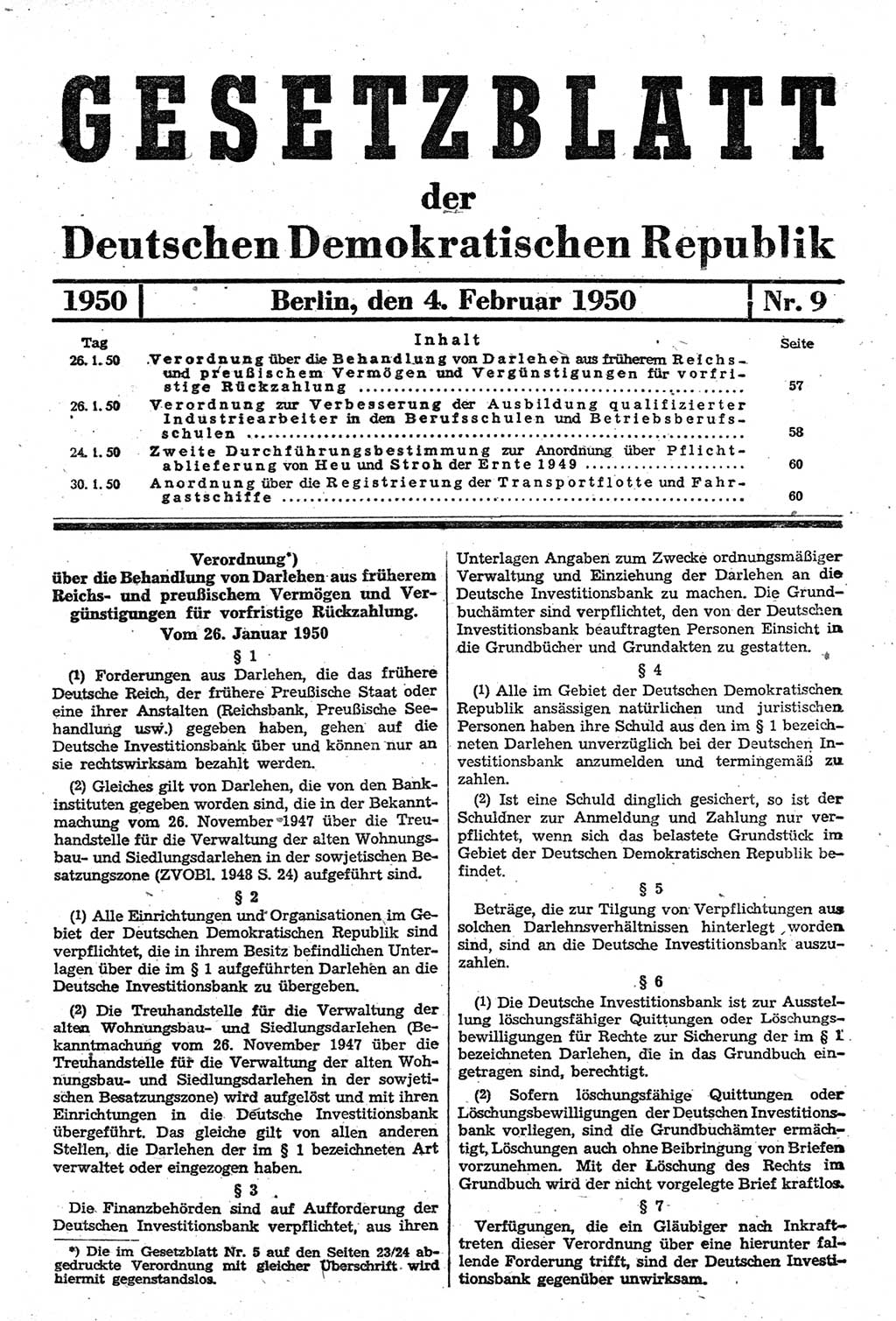 Gesetzblatt (GBl.) der Deutschen Demokratischen Republik (DDR) 1950, Seite 57 (GBl. DDR 1950, S. 57)