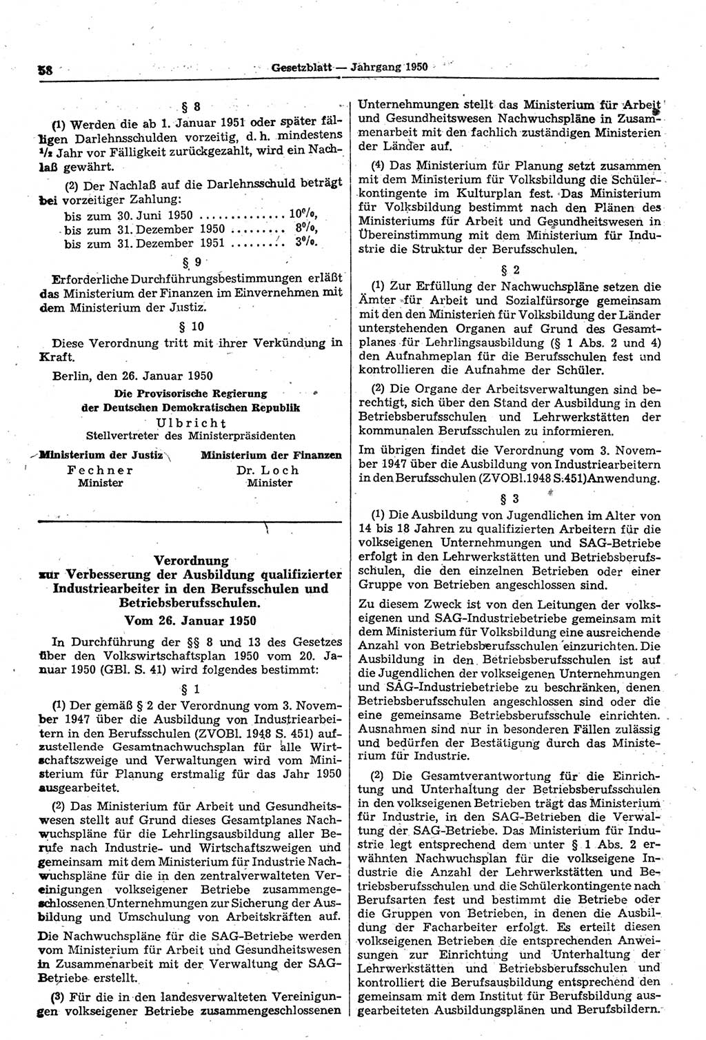 Gesetzblatt (GBl.) der Deutschen Demokratischen Republik (DDR) 1950, Seite 58 (GBl. DDR 1950, S. 58)