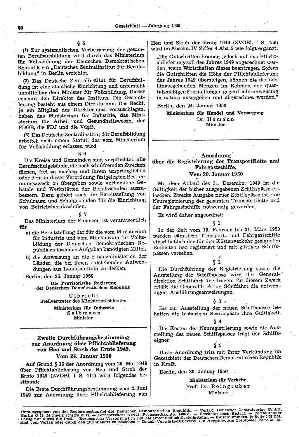 Gesetzblatt (GBl.) der Deutschen Demokratischen Republik (DDR) 1950, Seite 60 (GBl. DDR 1950, S. 60)