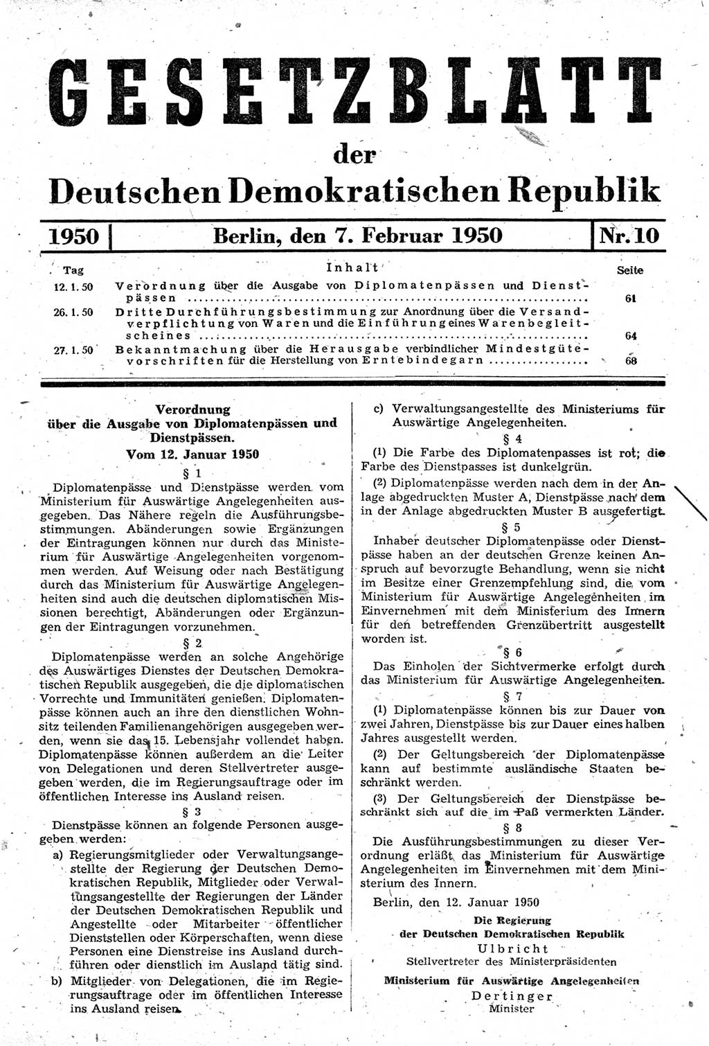 Gesetzblatt (GBl.) der Deutschen Demokratischen Republik (DDR) 1950, Seite 61 (GBl. DDR 1950, S. 61)