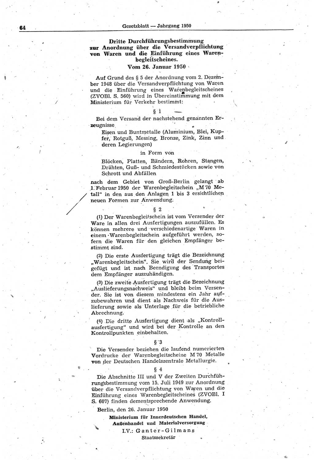 Gesetzblatt (GBl.) der Deutschen Demokratischen Republik (DDR) 1950, Seite 64 (GBl. DDR 1950, S. 64)