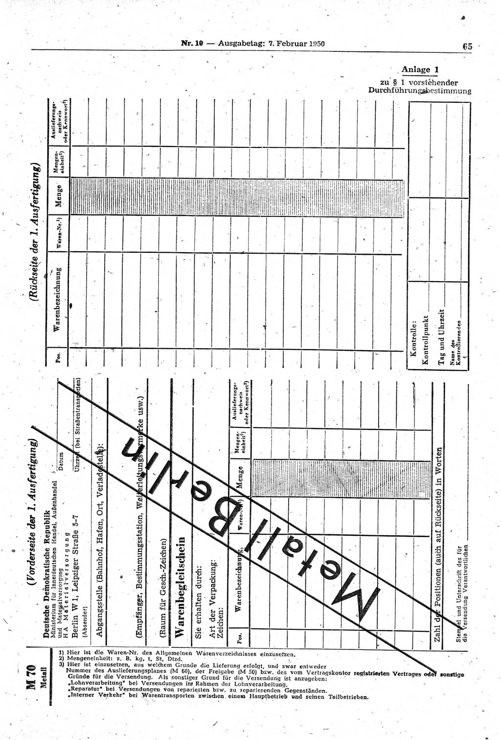 Gesetzblatt (GBl.) der Deutschen Demokratischen Republik (DDR) 1950, Seite 65 (GBl. DDR 1950, S. 65)
