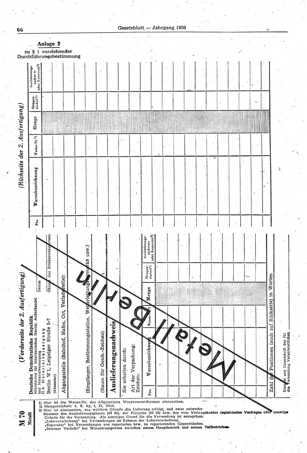 Gesetzblatt (GBl.) der Deutschen Demokratischen Republik (DDR) 1950, Seite 66 (GBl. DDR 1950, S. 66)