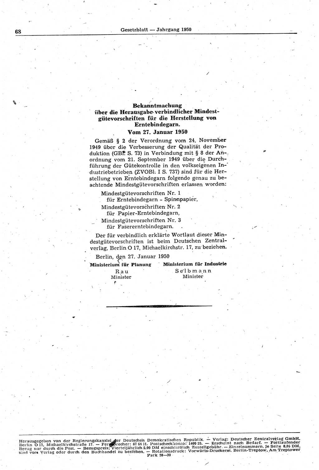 Gesetzblatt (GBl.) der Deutschen Demokratischen Republik (DDR) 1950, Seite 68 (GBl. DDR 1950, S. 68)