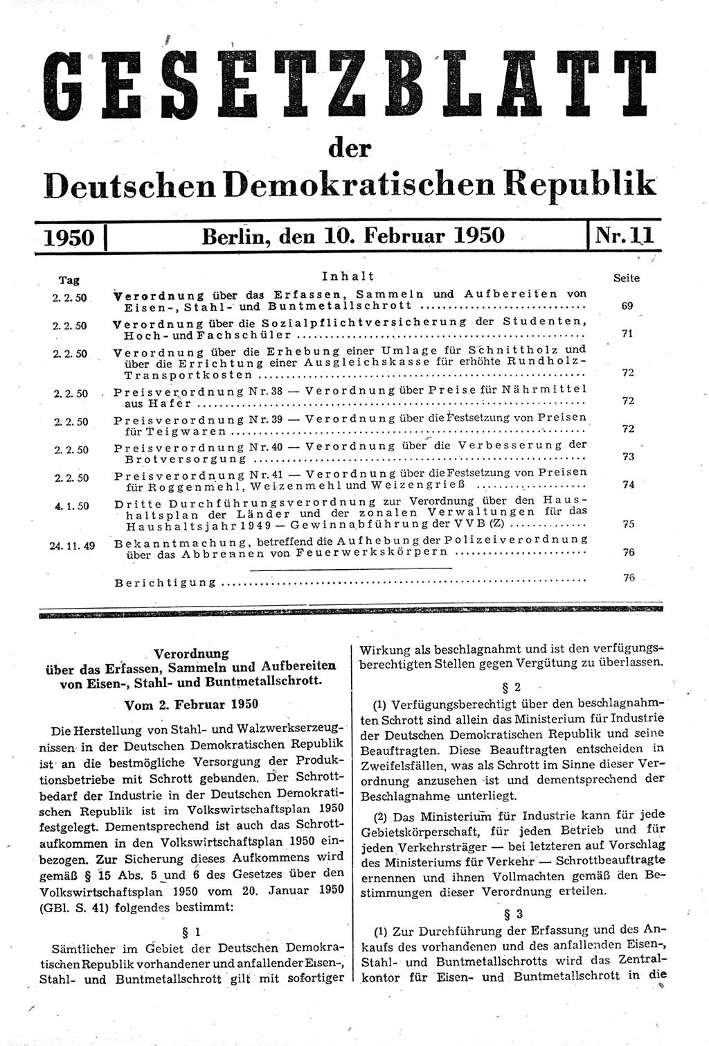 Gesetzblatt (GBl.) der Deutschen Demokratischen Republik (DDR) 1950, Seite 69 (GBl. DDR 1950, S. 69)