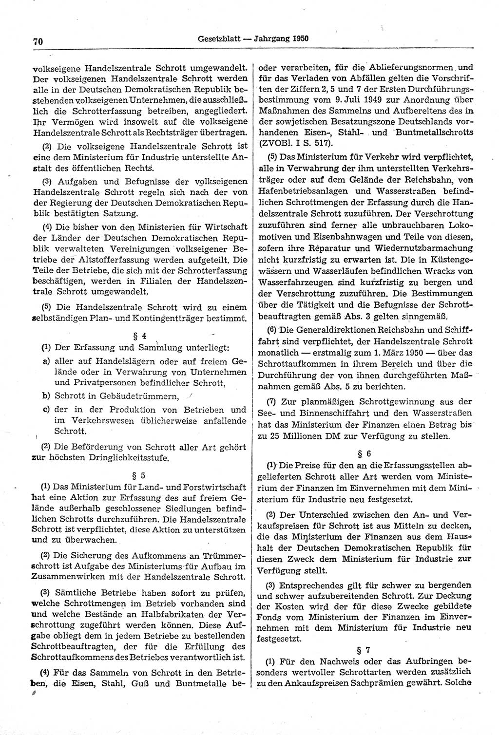 Gesetzblatt (GBl.) der Deutschen Demokratischen Republik (DDR) 1950, Seite 70 (GBl. DDR 1950, S. 70)