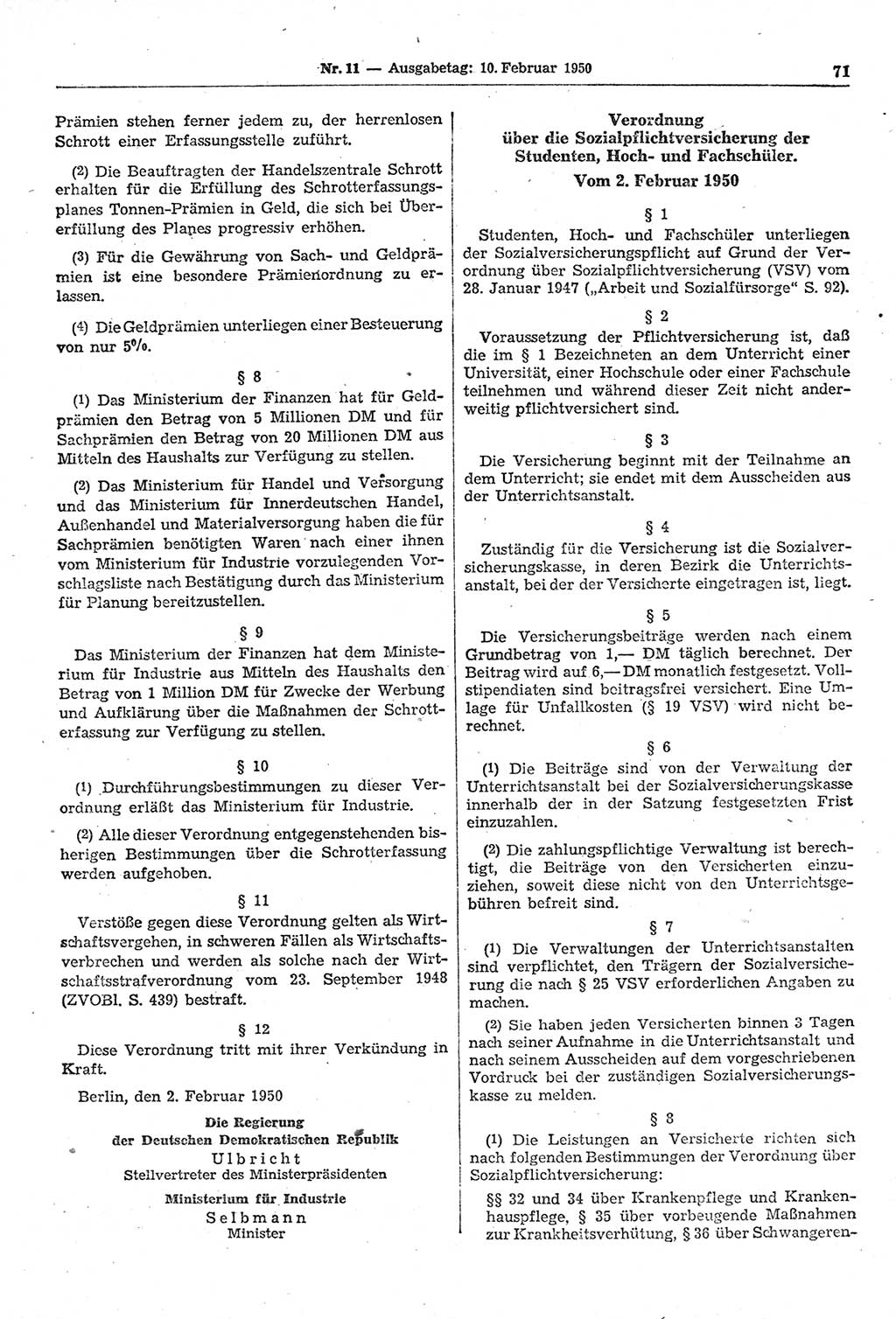 Gesetzblatt (GBl.) der Deutschen Demokratischen Republik (DDR) 1950, Seite 71 (GBl. DDR 1950, S. 71)