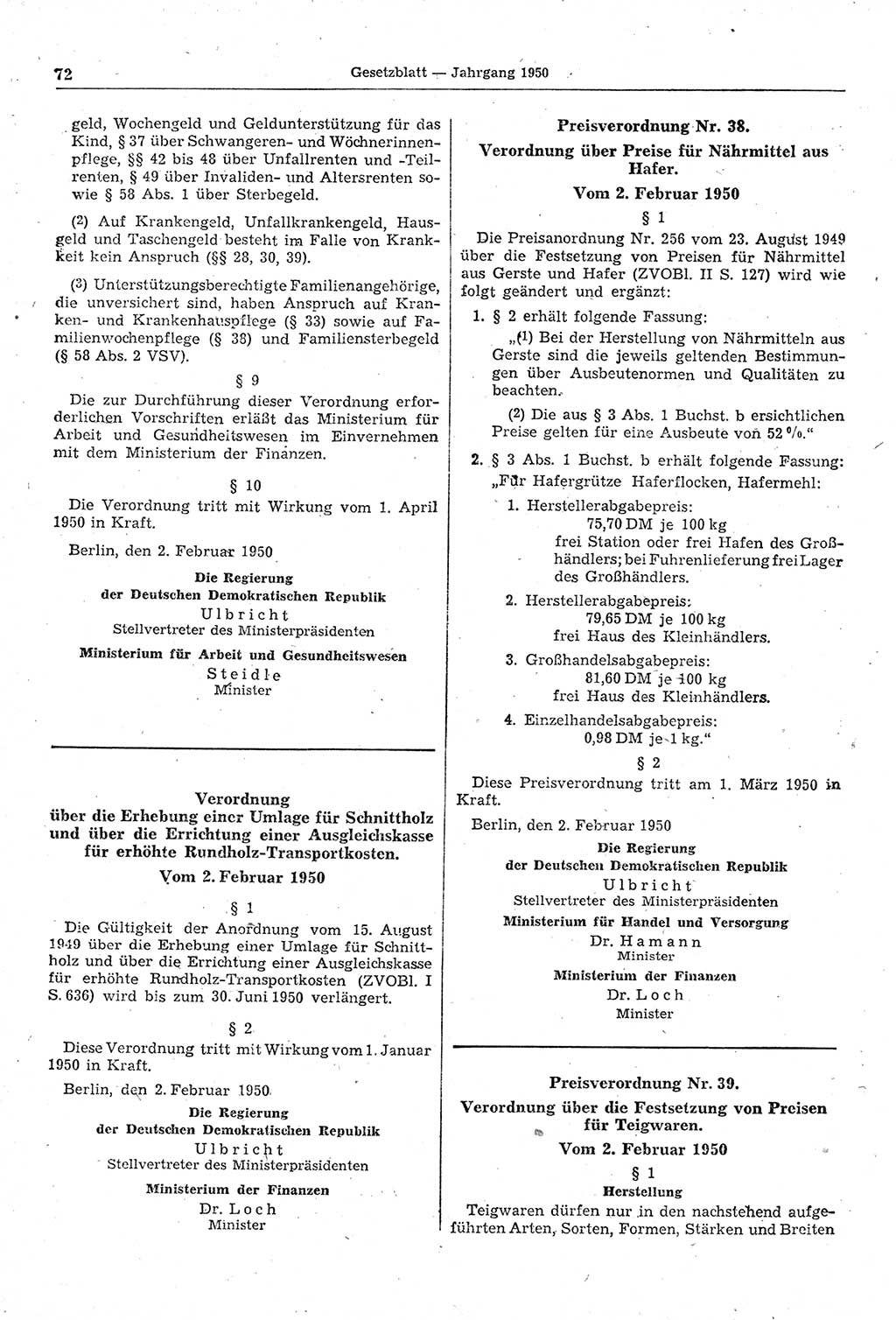 Gesetzblatt (GBl.) der Deutschen Demokratischen Republik (DDR) 1950, Seite 72 (GBl. DDR 1950, S. 72)