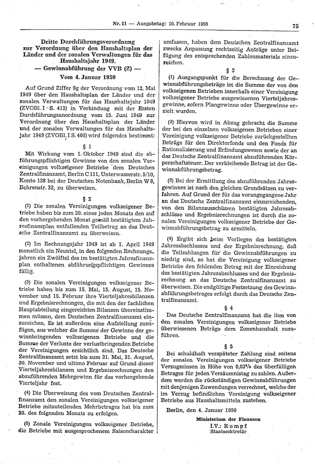 Gesetzblatt (GBl.) der Deutschen Demokratischen Republik (DDR) 1950, Seite 75 (GBl. DDR 1950, S. 75)