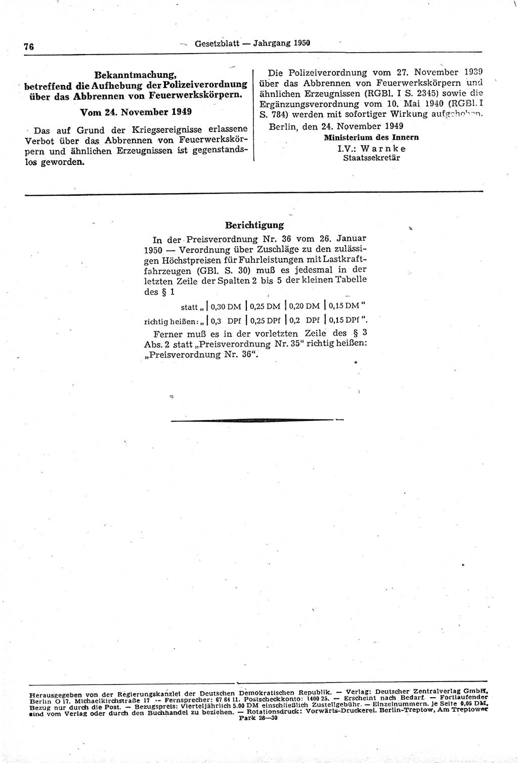 Gesetzblatt (GBl.) der Deutschen Demokratischen Republik (DDR) 1950, Seite 76 (GBl. DDR 1950, S. 76)