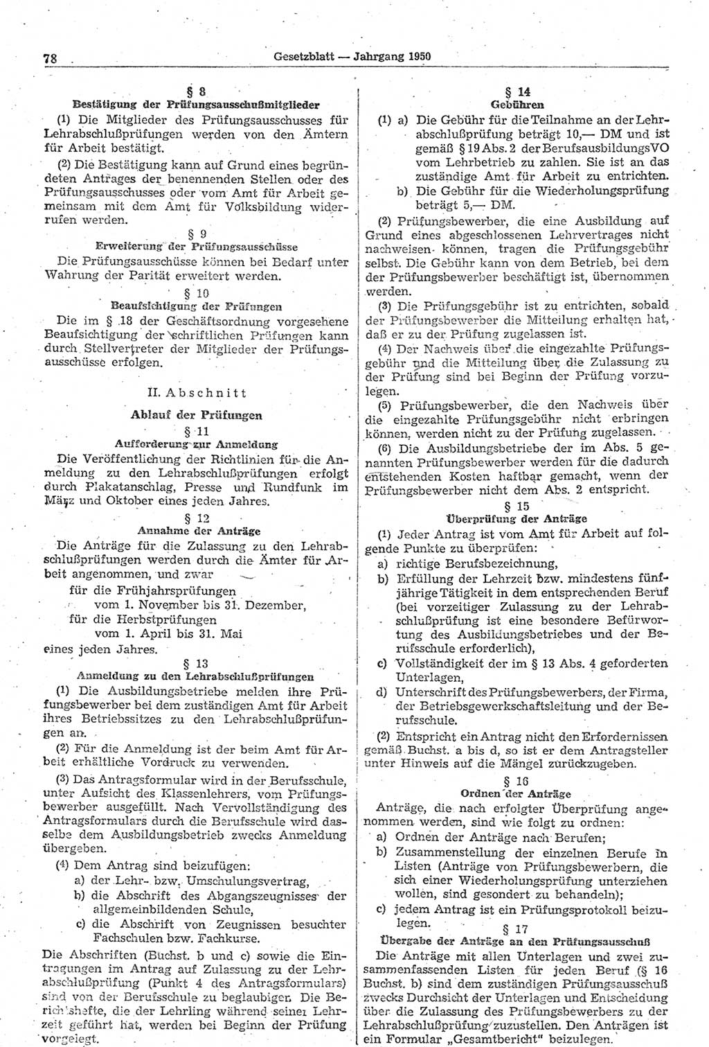 Gesetzblatt (GBl.) der Deutschen Demokratischen Republik (DDR) 1950, Seite 78 (GBl. DDR 1950, S. 78)